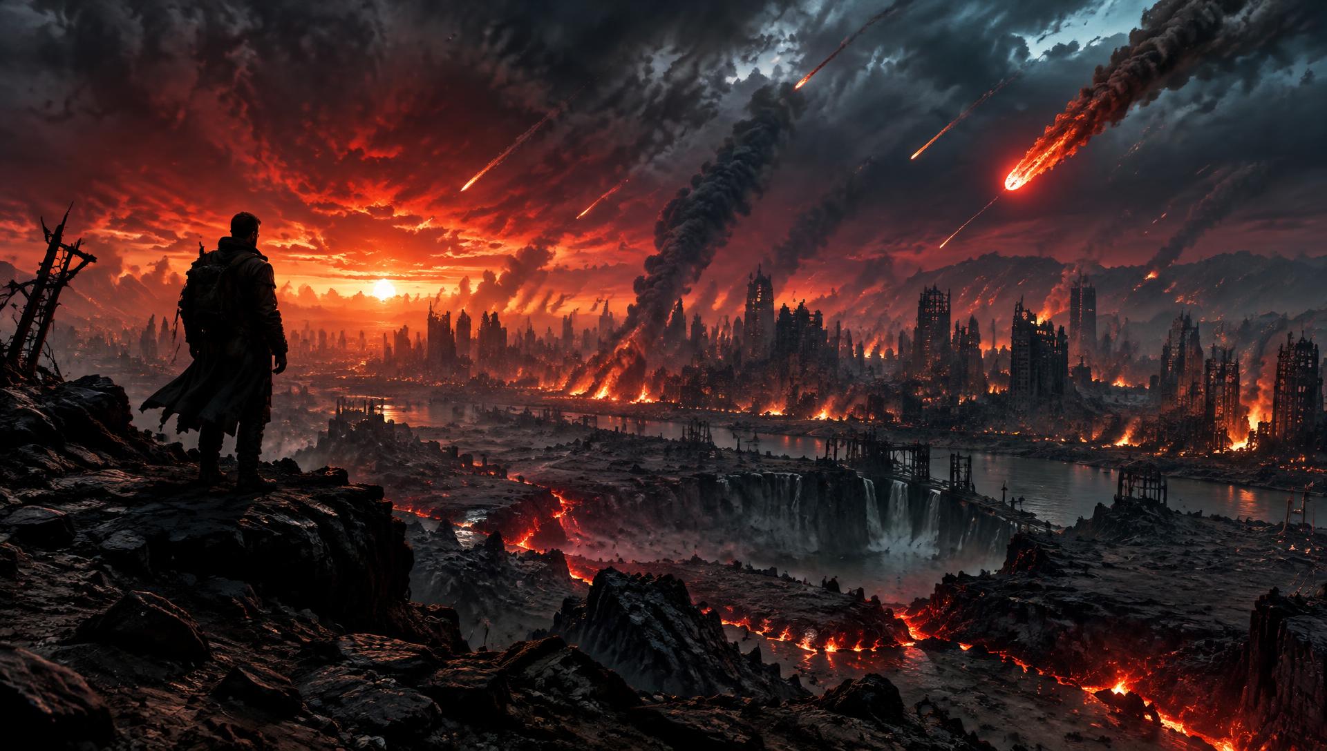 A lone survivor watches a burning city under a meteor storm
